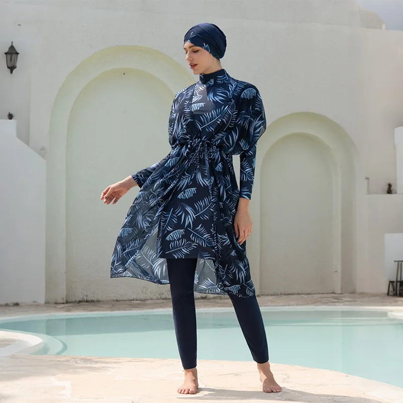 New 4‑Piece Modest Muslim Swimsuit Burkini Leaf Print Drawstring Waist Long‑Sleeve Conservative Beach Pool Bathing Suit Swimwear