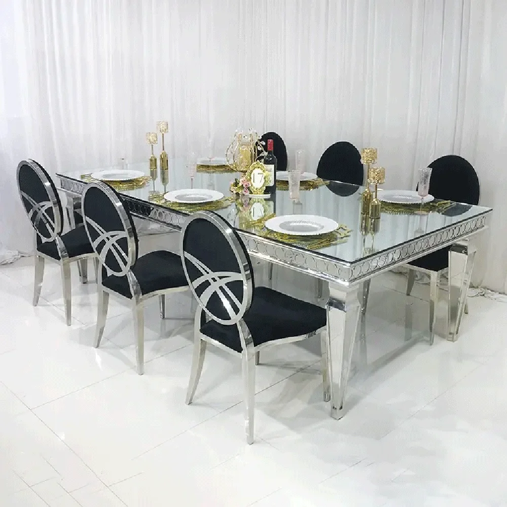 Luxury stainless steel silver rectangle tables event glass mirror dining table for wedding