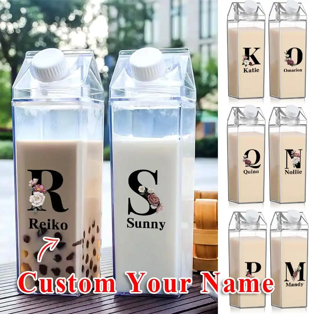 

Customized Name 500ml Clear Milk Bottle Drinking Jug Sealed Leak Proof Tea Coffee Storage Cup Personalized Black Floral