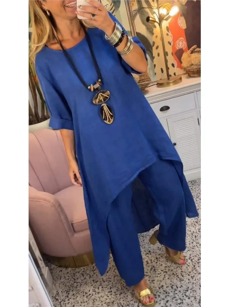 

Autumn Woman's Loose Two-piece Sets Fashion Solid Color O-neck Long Tops Wide-leg Pants Suit Lady Casual Long Sleeves Outfit