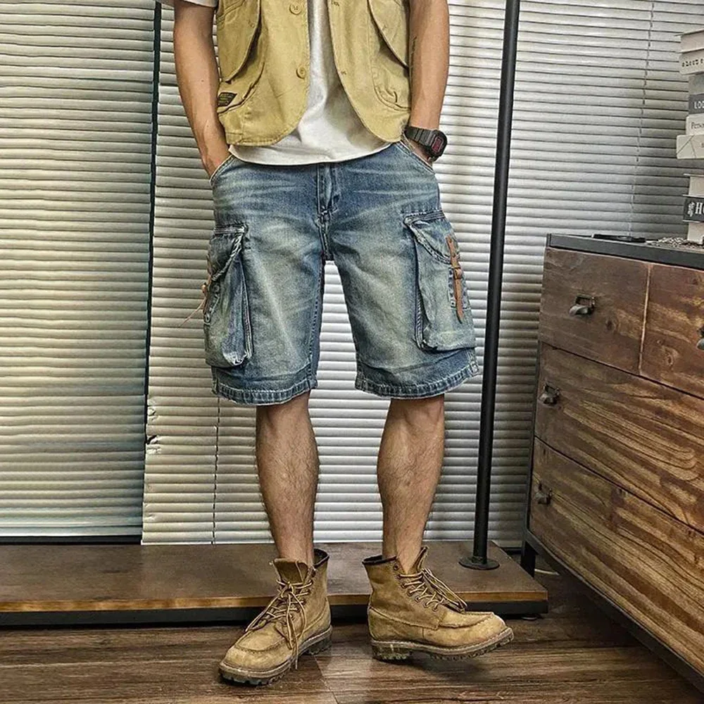 Men's Street Distressed Jeans 2024 Summer Fashion Workwear Retro Medium Pants Motorcycle Casual Loose Big Pocket Y2K Shorts