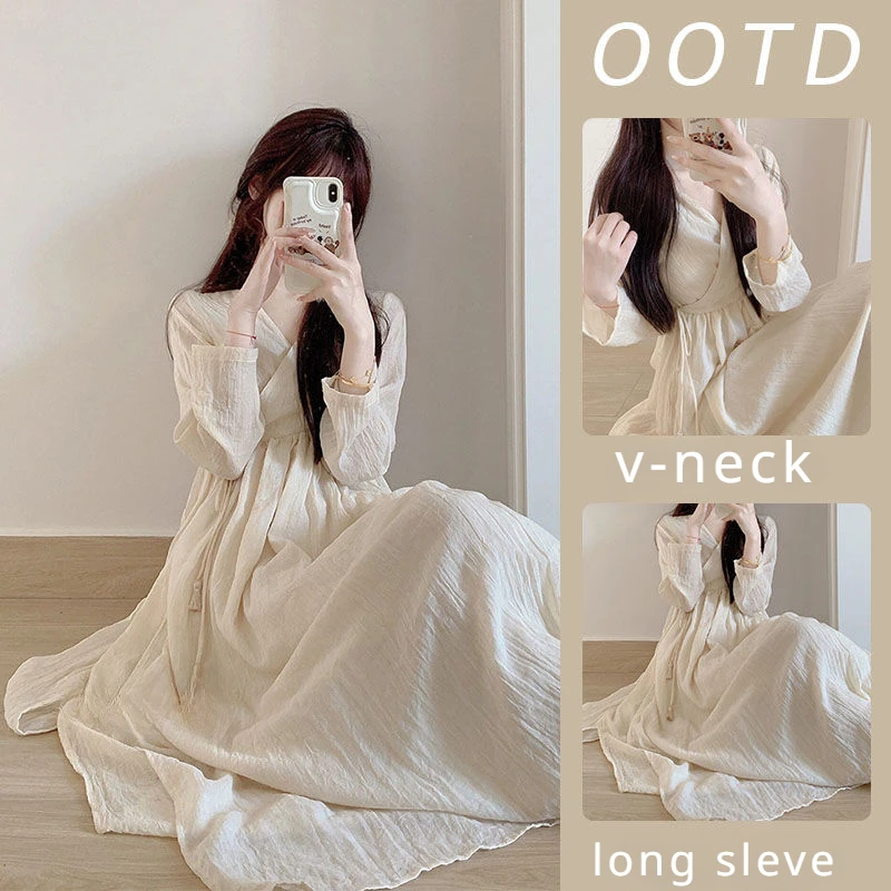 Long Sleeve Nightgowns Women Sweet Ruffles V-neck Bandage Vintage Loose Fit Harajuku Fashion Chic Comfortable Spring Nightdress