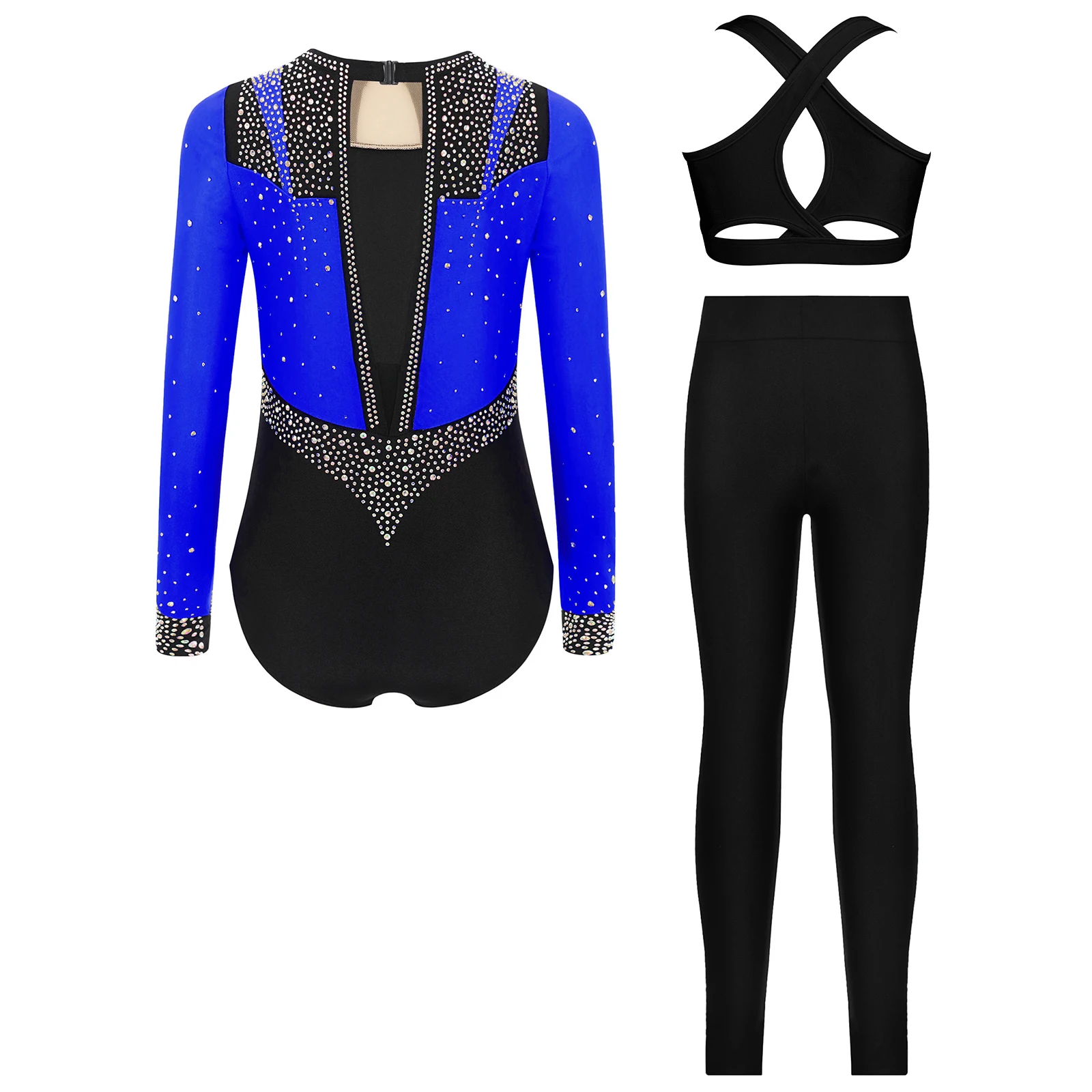 Bambini Ragazze Ginnastica Pattinaggio di Figura Vestito Manica Lunga Buco della Serratura Indietro Color Block Patchwork Body + Vest Top + Leggings Dancewear