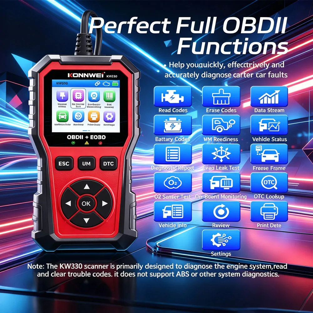 

KW330 OBD2 Scanner Diagnostic Tool Auto Engine Fault Code Reader OBDII EOBD Check Automotive O2 Sensor And Battery