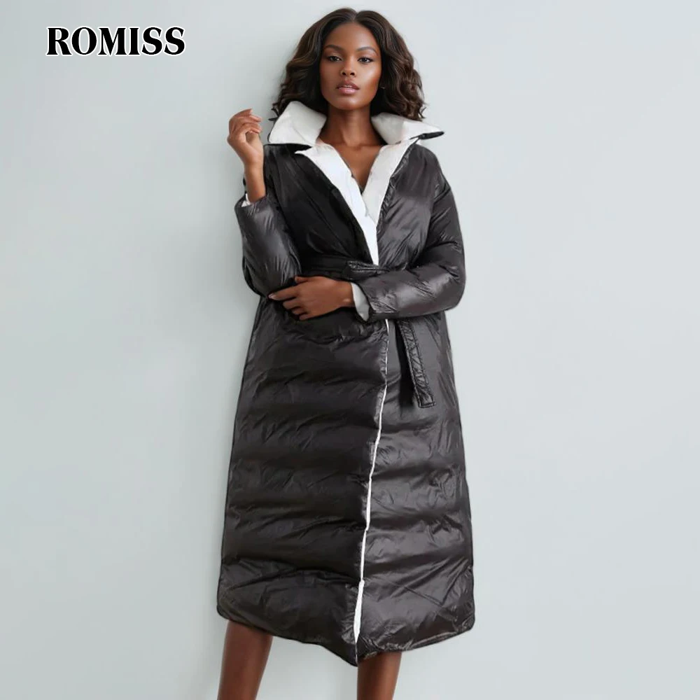 

ROMISS Solid Spliced Belt Long Coat For Women Lapel Long Sleece High Waist Tierred High Street Coats Female Winter Clothing