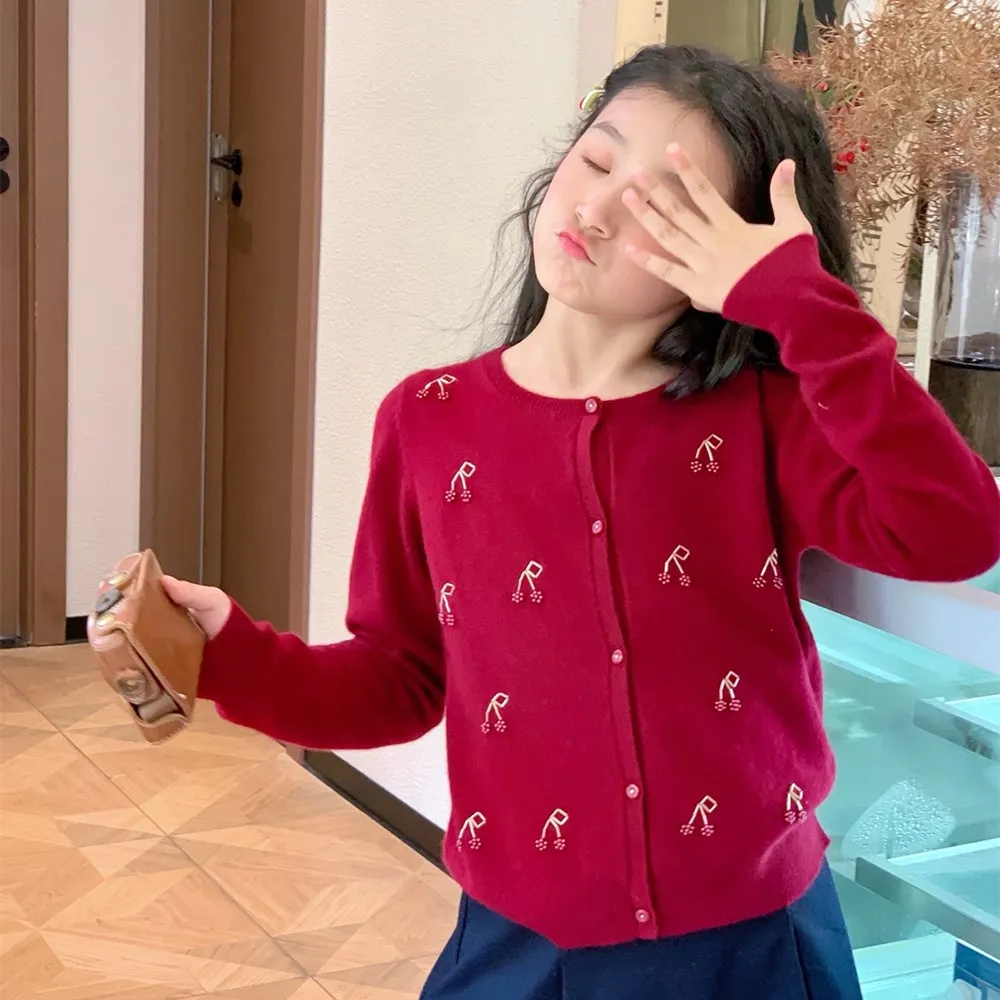 new-girls-clothes-french-style-high-quality-wine-red-sweater-handmade-beaded-cardigan-with-cherry-pattern-toddler-sweater