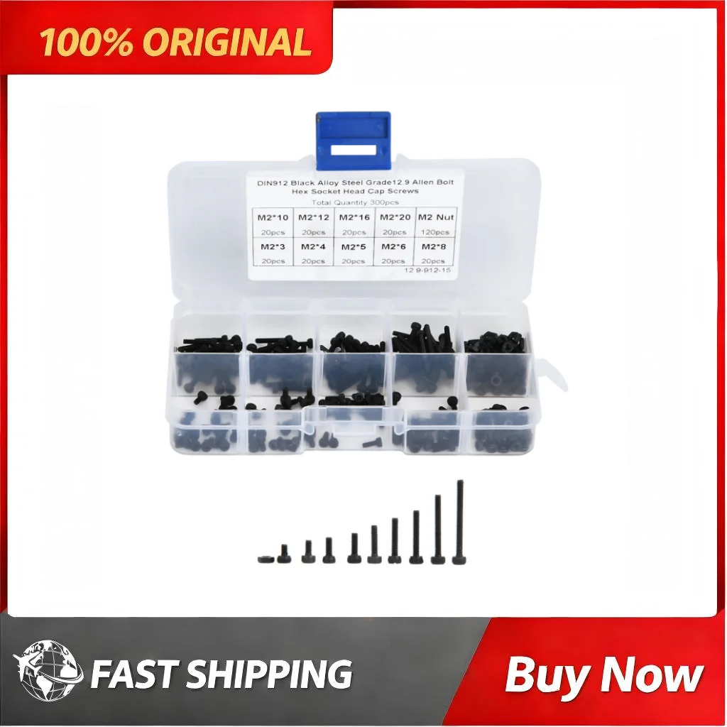 300Pcs Boxed 12.9 Grade Black Alloy Hex Socket Screw Nut Assortment 2*3-20mm High Strength Fastener Kit Hardware Parts