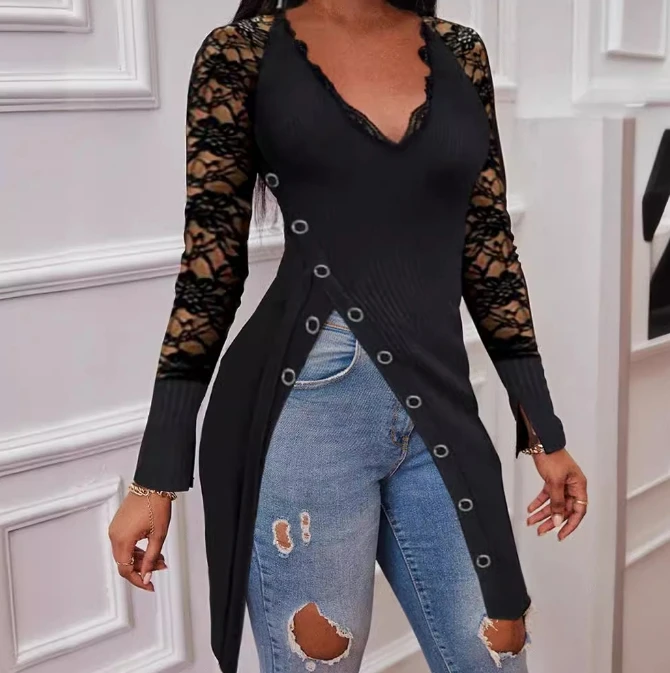 

Top Women 2024 Spring Fashion Lace Patchwork V-Neck Long Sleeved Casual Solid Color Asymmetrical Hem Longline T-Shirt Top