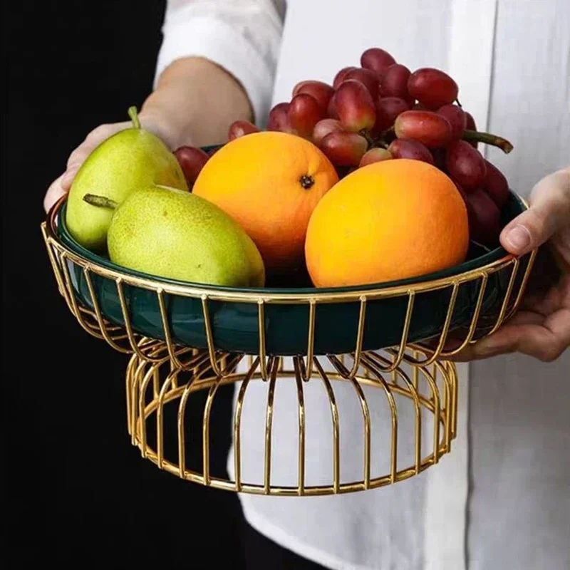 

Home Fruit Tray Creative Ceramic Plate with Iron Tray Creative Salad Bowl Jewelry Storage Tray Kitchen Decoration Cake Stand