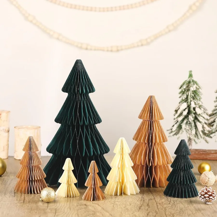 7 Pcs Neutral Christmas Tree Honeycomb Centerpiece Minimalist 3D Paper Trees Centerpiece Modern Christmas Decor Rustic Reusable