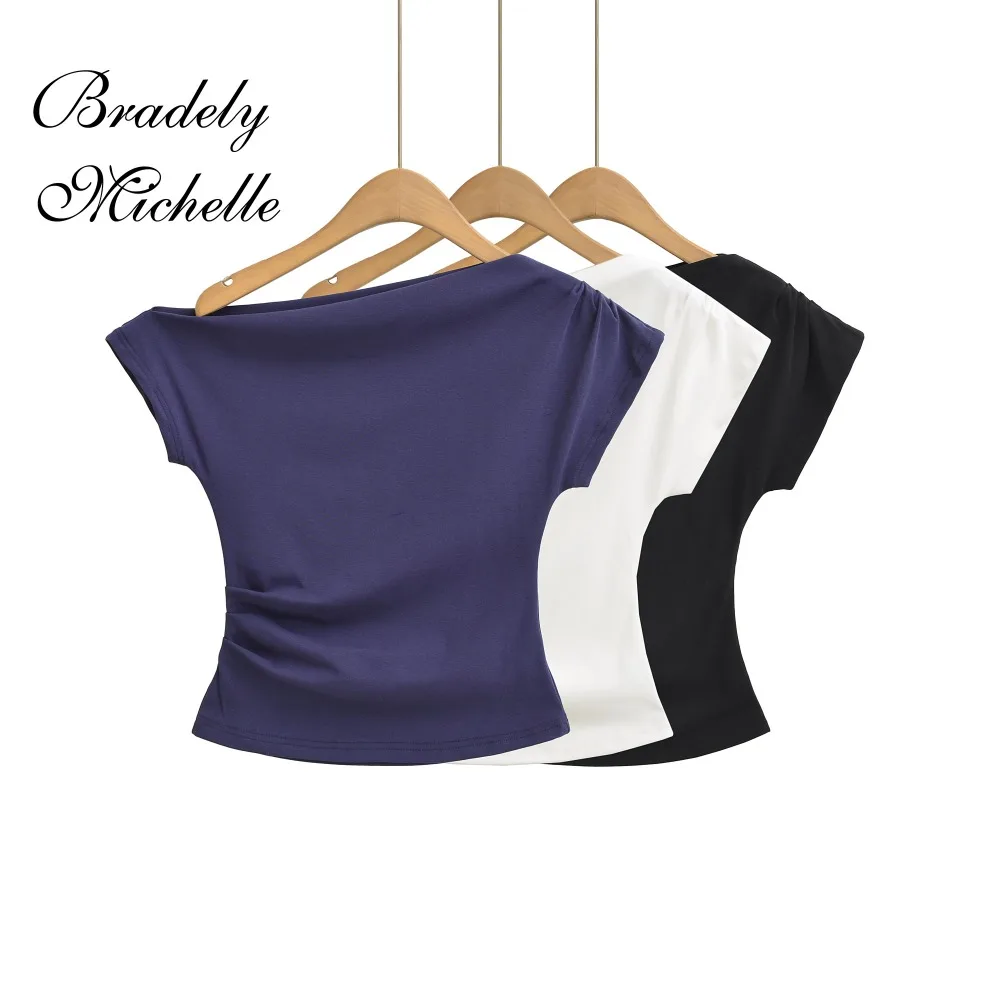 

Folded Short-sleeved Top 2025 Solid Color Fashion Clothing Stretch New Women Tops Sexy Pullover Bottoming Blouses T-shirt