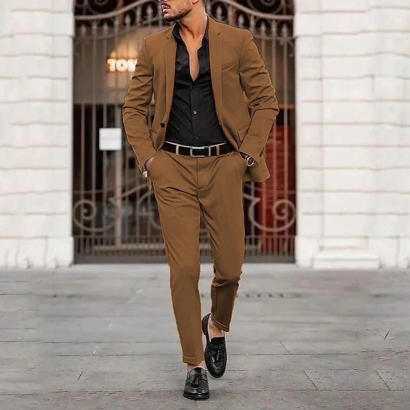 Khaki Men's Wedding Party Evening Suits 2 Pieces Casual Suits Custom Made Groom Tuxedos Blazer Jacket Pants Trajes De Hombre