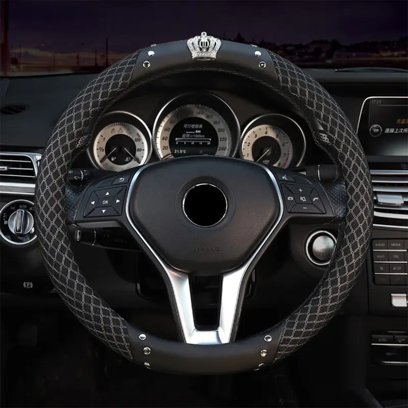 Ice silk Leather Steering Wheel Cover Queen\'s Bling Diamond with Rivets Four Seasons car handlebar Covers For Women Car Styling