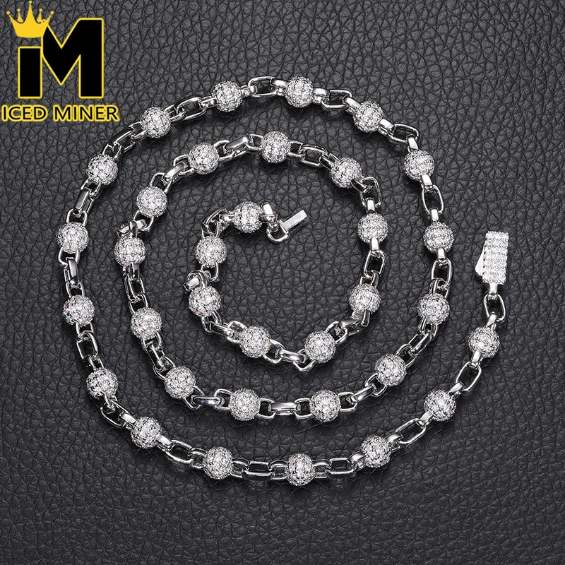 

6mm 5A Zircon Bead Round Ball Necklace Cuban Chain Iced Out for Men And Women Fashion Hip Hop Jewelry Free Shipping