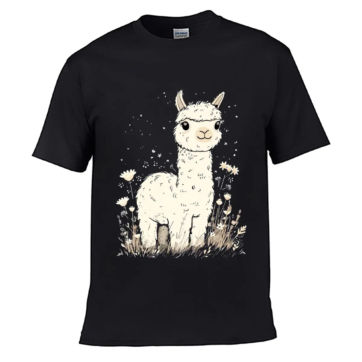Cute Llama Floral Meadow Illustration Loose Vintage Distressed Washed Casual Tee
