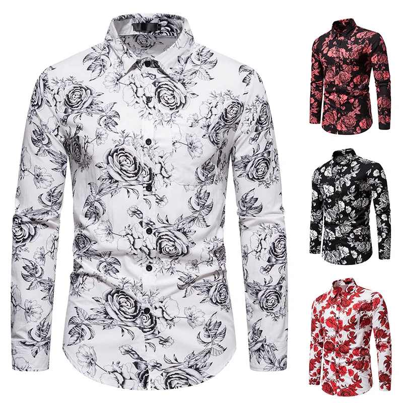 Spring and Summer New Men's Long Sleeved Shirts with Rose Print Casual Long Sleeved Shirts Instagram Trend