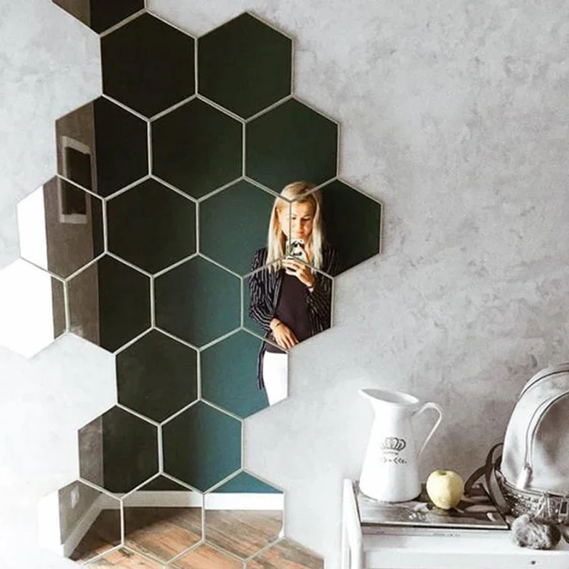 12PCs 3D hexagon mirror wall sticker rose gold DIY TV background living room stickers wall decor bedroom bathroom home decor