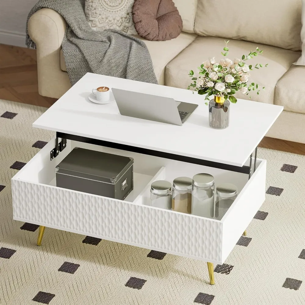 

Coffee Table, 39.37” with Concealed Storage, Curved Panel Lift Top Dining Table with Four Legs, Lifting Coffee Table