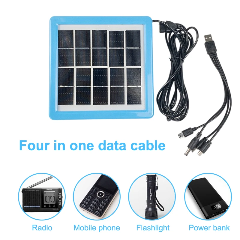 8W Solar Panel With USB 5 In 1 Cable Waterproof Portable Stabilize Battery Charger For Outdoor Camping Phone Charging Power Bank