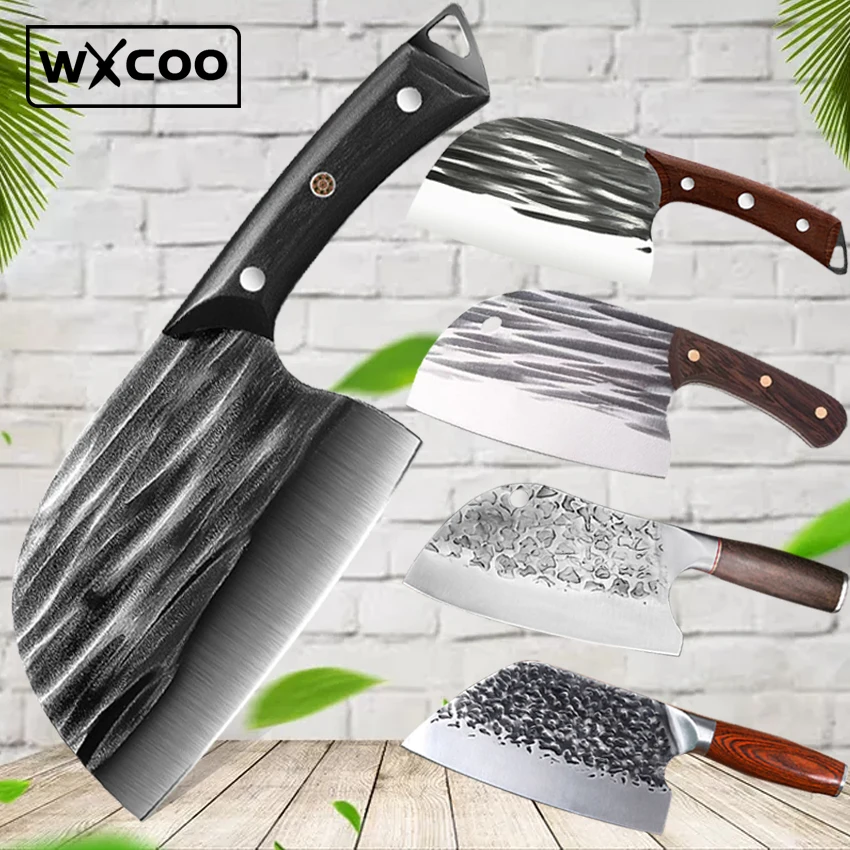 Hand Forged Meat Cleaver Butcher Knife High Carbon Steel Bone Chopping Knife Dual-purpose Slicing Chef Cutting for Outdoor BBQ