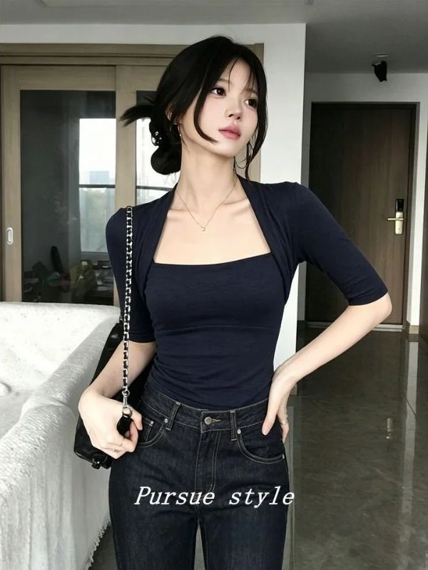 Retro American Style Five-Quarter Sleeve T-Shirt Women's Slimming Waist Cinched Short Pure Color Summer Top Fake Two-Piece