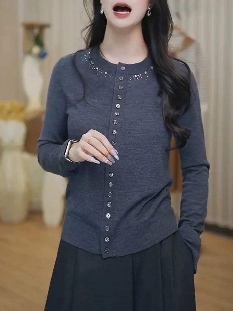 

Ele Vintage Knitted round Ne Sweater Women's Faion Large Size Autumn New Arrival Glittering Drill Casual Top