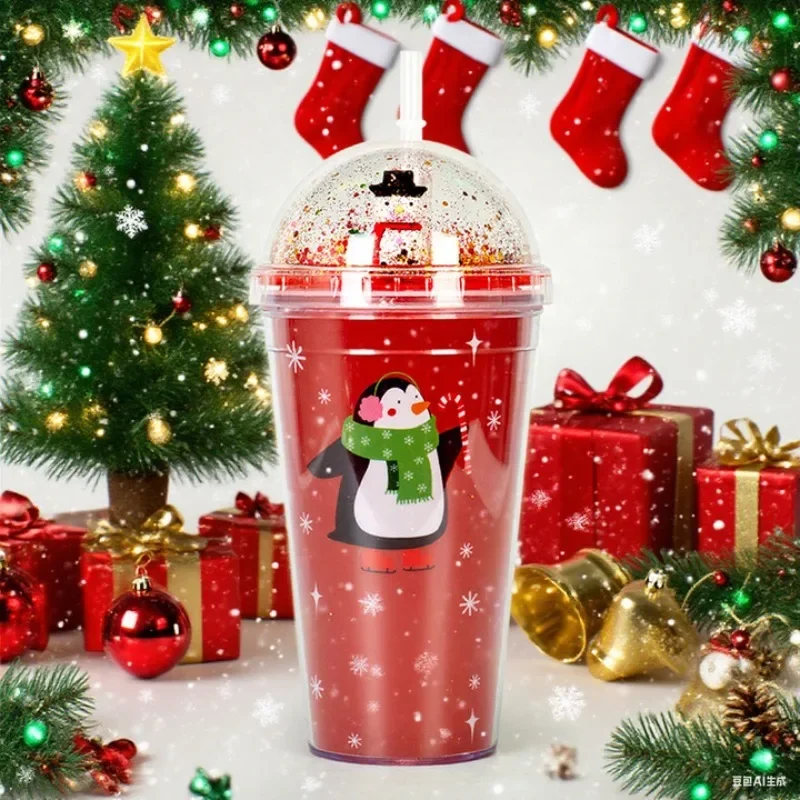Hot Sale Double-layer Straw Coffee Mug Xmas Plastic Cup with Lid  Home Micro Landscape Christmas Gift  Couple Water Cup