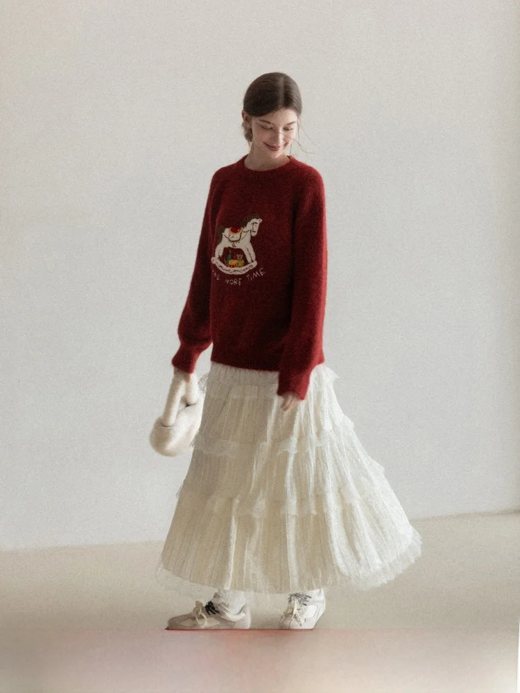 

Белая кружевная юбка-трапеция с высокой талией для женщин, зимняя многоярусная юбка из мягкого и комфортного полиэстера