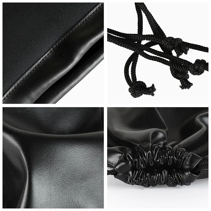 Black PU Leather Soft Headphone Drawstring Bags Fashion Earphone Data Cable Waterproof Solid Color Unisex Storage String Bag