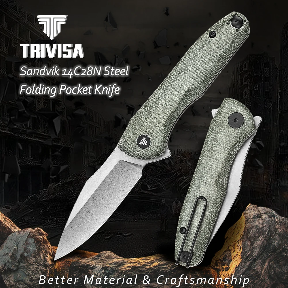 

Складной нож TRIVISA 14C28N для мужчин, хорошие карманные ножи с зажимом для кемпинга, инструмент для повседневного ношения, складное лезвие 3,26 дюйма, Микарта Hanlde