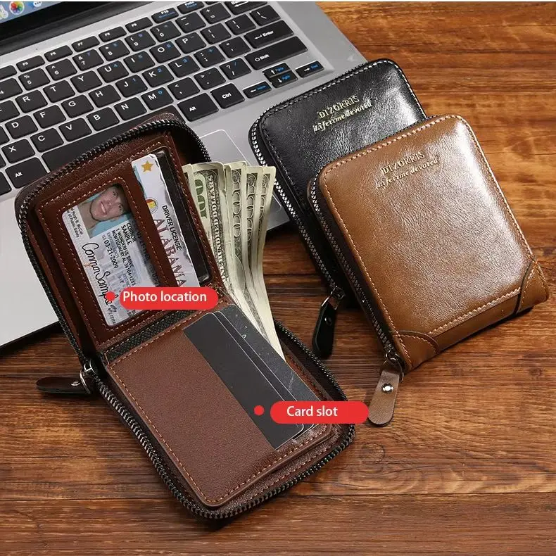 Vintage Men Leather Zipper Wallet Large Capacity Multi Card Holder ID Window Coin Pocket Tri-fold Purse Quality Money Clip