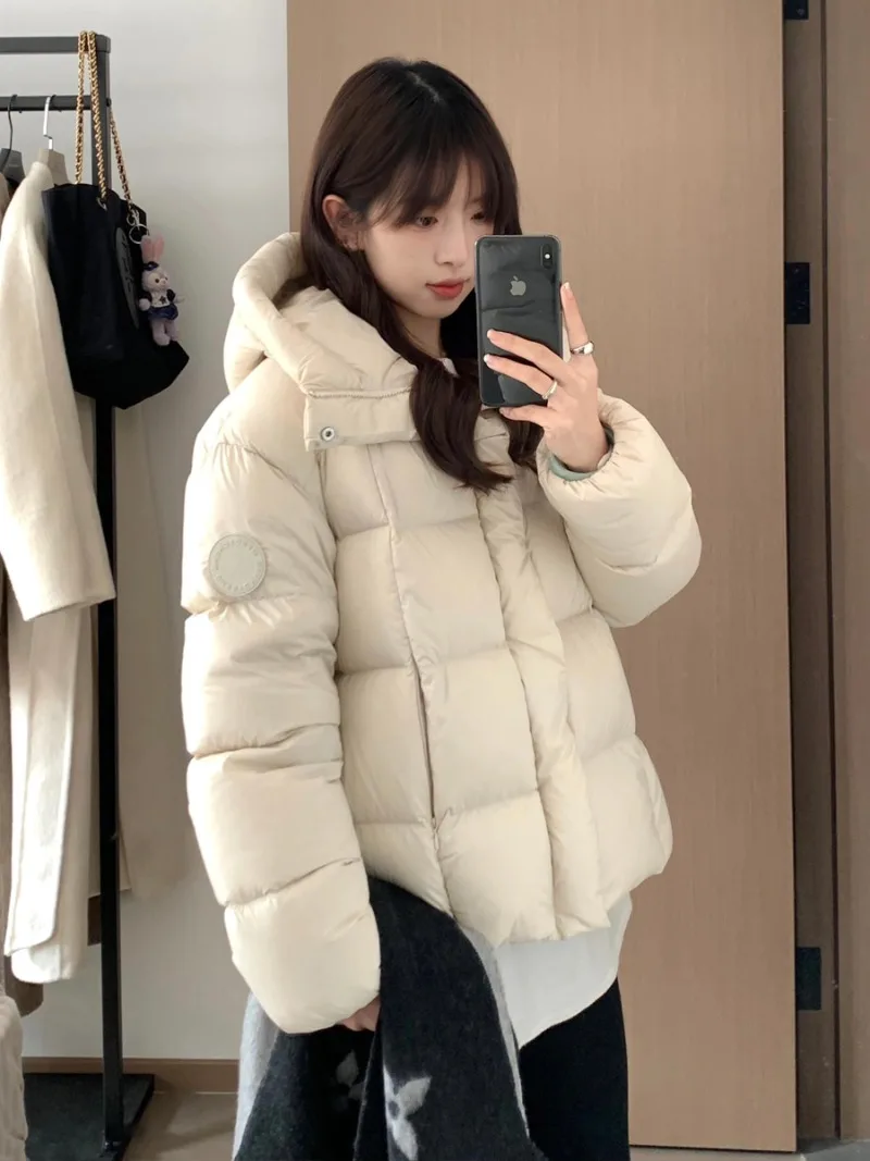 

Hooded Short Down Jacket Quilted Loose-fitting Cotton Coat Women's Commuter Thickened Warm Coat Solid Outwear Women Puffer