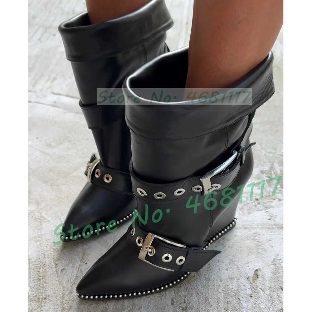 Belt Buckles Wedge Ankle Boots Women Sexy Splicing Leather Pointy Toe Big Size Shoes Slouchy New Luxury Black Rivets Trim Boots