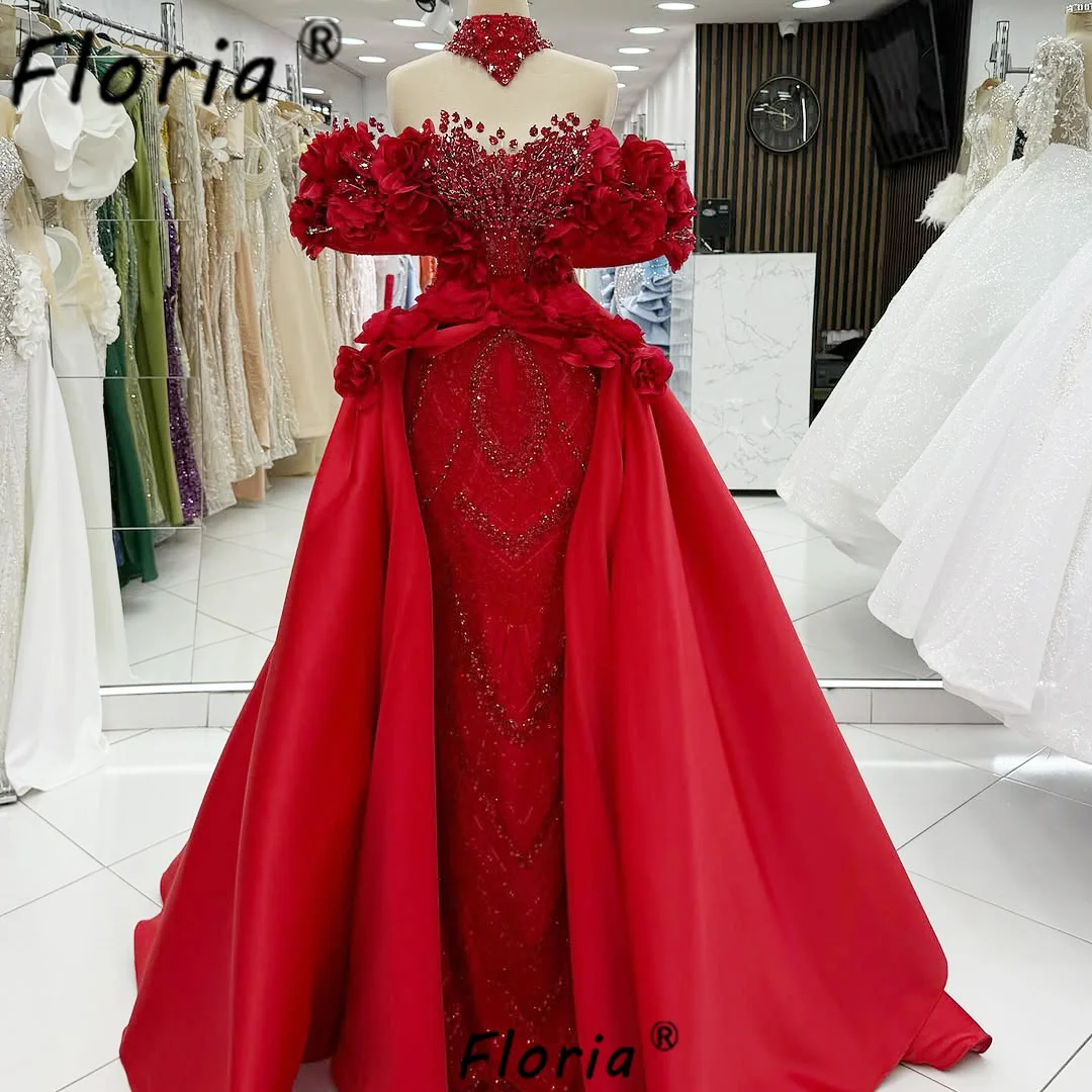Luxury Red Dubai Wedding Dress with Detachable Train Beaded Flowers Mermaid Bride Party Gowns Customized African Woman Vestidos