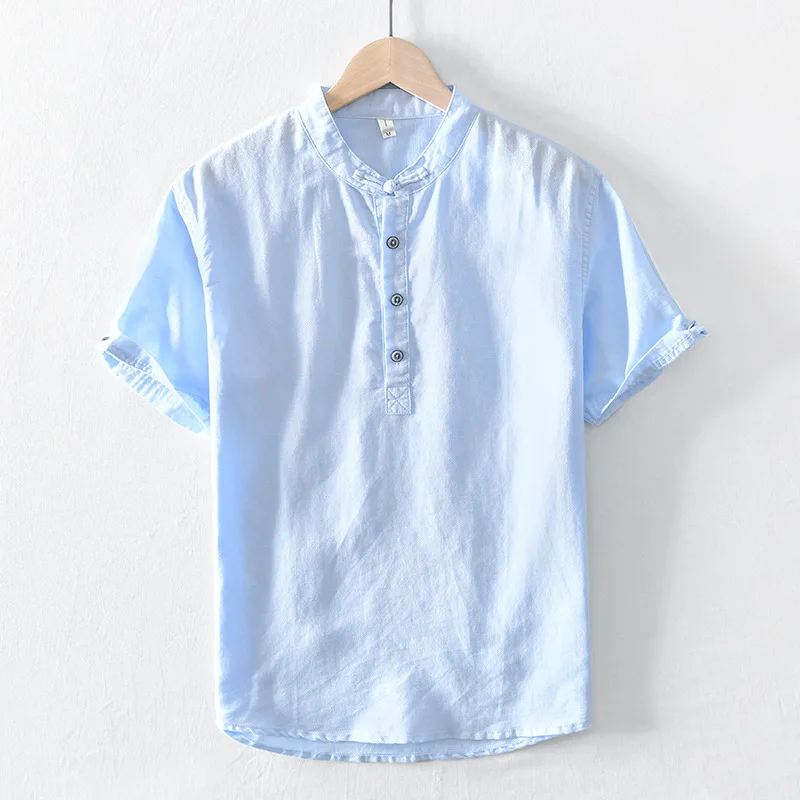 Chines Style Men Linen Cotton Shirt Harajuku Pullover Half Open Short Sleeve Tee Shirts Man Solid Color Breathable Tops Shirts