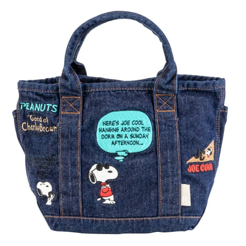 Snoopy Tote Bag Cartoon Shoulder Bag Embroidery Denim Canvas Handbag Women Large Capacity Portable Lunchbox Storage Pouch Gift