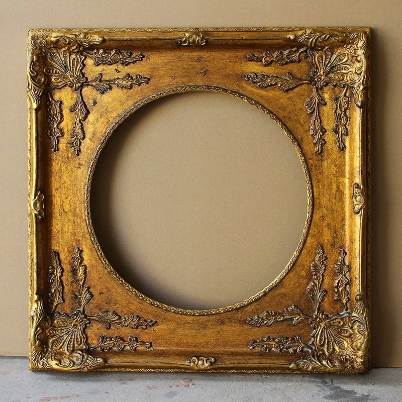 ヨーロッパ産無垢材丸型、額縁、油絵装飾済み、金箔丸型フォトフレーム、フレーム幅