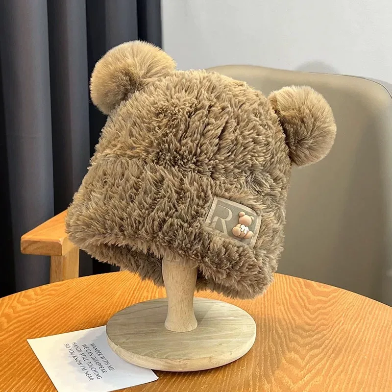 Schattige kleine beer wollen muts winter dikke pluche warme bontmuts herfst en winter grote hoofdomtrek gebreide muts