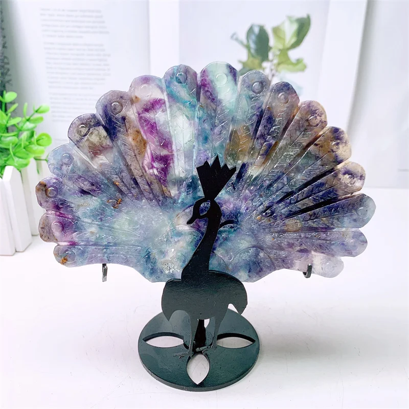 Natural Fluorite Peacock Feather Wings, Carving Crafts, Healing Energy, Lucky Stone, Home Decoration, Birthday Gift, 1Pc