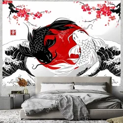 Japanese Yin Yang Koi Fish Tapestry Red and Black Anime Cherry Art Tapestries Hippie Room Decor Aesthetic Boho Home Wall Decor