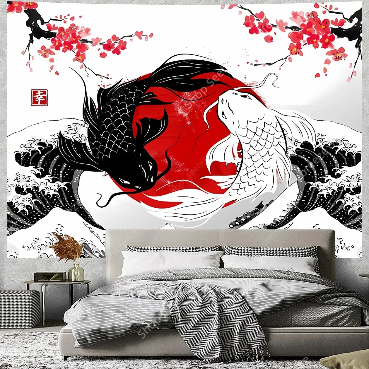 Japanese Yin Yang Koi Fish Tapestry Red and Black Anime Cherry Art Tapestries Hippie Room Decor Aesthetic Boho Home Wall Decor