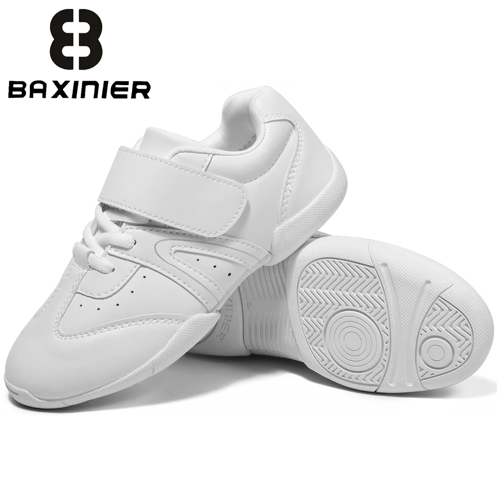 BAXINIER White Cheerleading Shoes Girls Kids Youth Leather Upper Hook and Loop Dance Shoes Flexible Rubber Sole Cheer Shoes Gymnastics Jazz Athletic Sneakers