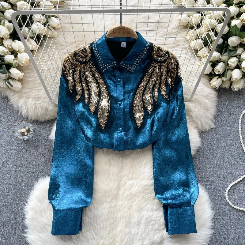 OCEANLOVE Beading Women Shirts&blouses Contrast Color Palace Style Sequins Vintage Blusas Feminina Spring Autumn Camisas