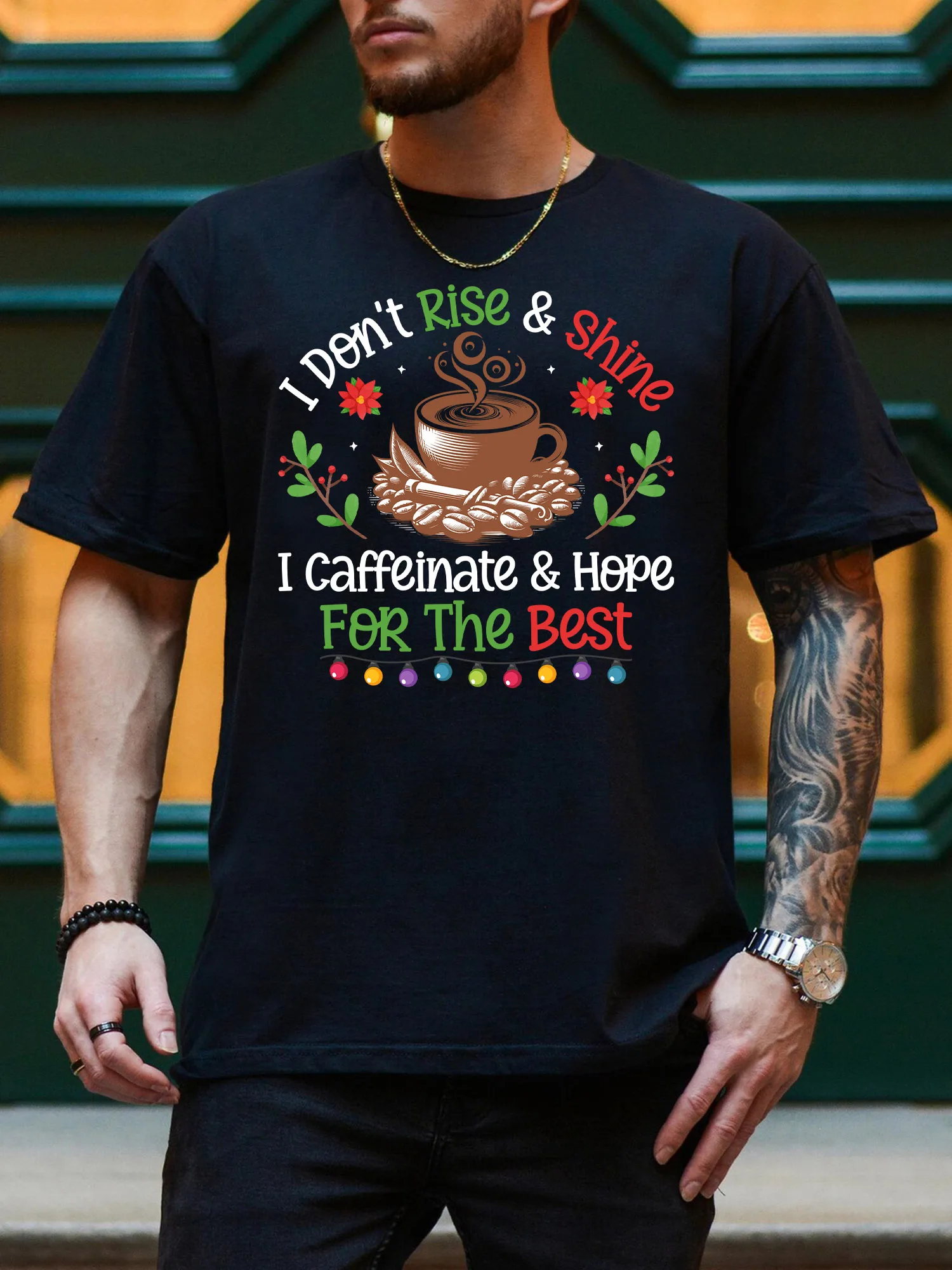 تي شيرت I Caffeinate & Hope For The Best للرجال برسوم جرافيك، تي شيرت أسود كاجوال من القطن الخالص، تي شيرت خفيف الوزن برقبة دائرية #1