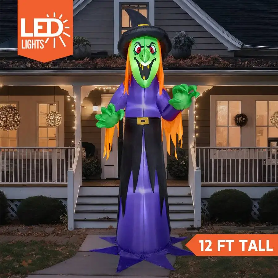 Joyfy 12 FT Tall Halloween Inflatable Witch With Built-In LED Lights, Blow Up Scary Witch For Outdoor Decoration, Halloween Yard