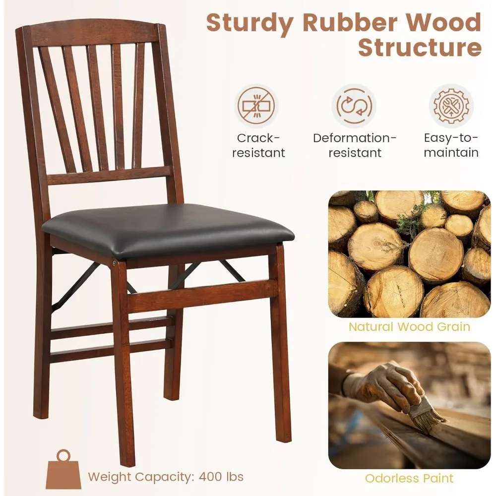 Folding Wood Kitchen Chairs Set of 2 with Padded Seats, Solid Frame, 400 lbs Capacity, Space-Saving Design