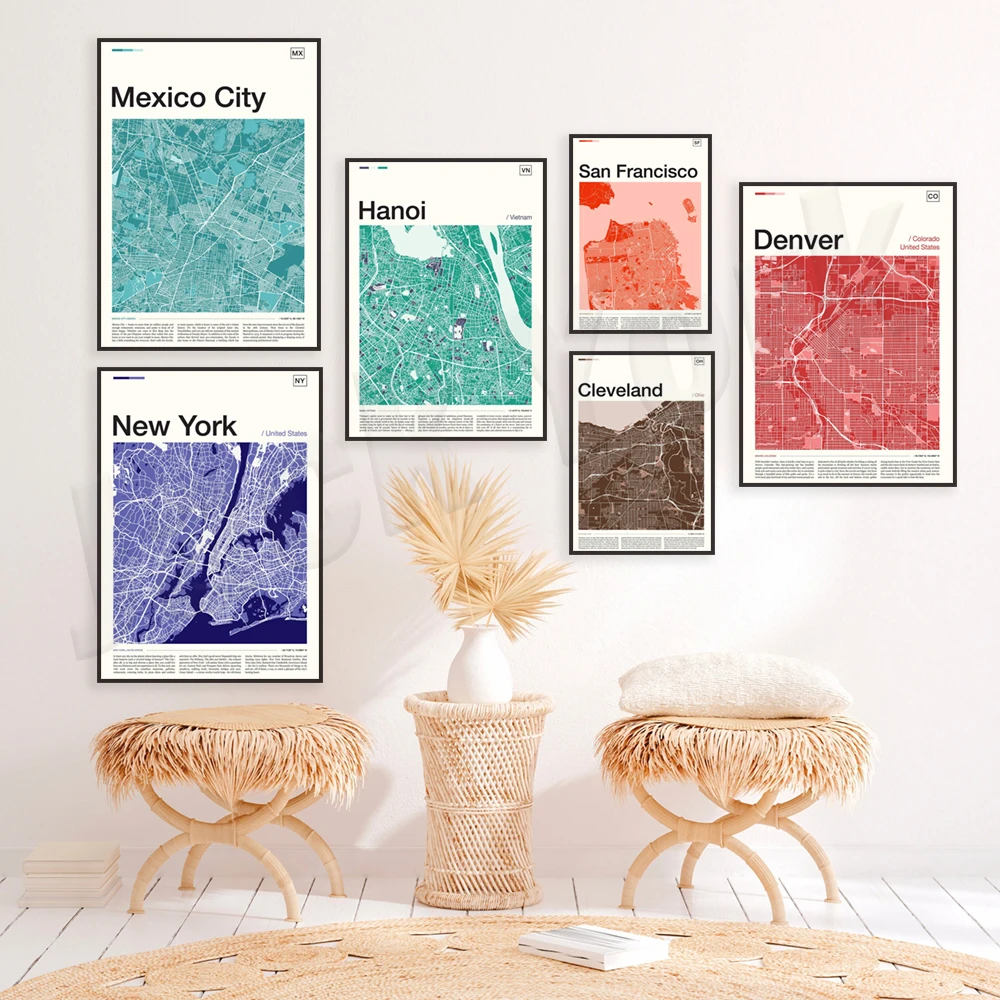 مانيلا، دنفر، سان فرانسيسكو، كالبينسي، تورونتو، كليفلاند، لوس أنجلوس، أتلانتا، مدينة نيويورك، طوكيو، ملصق طباعة خريطة هانوي #3