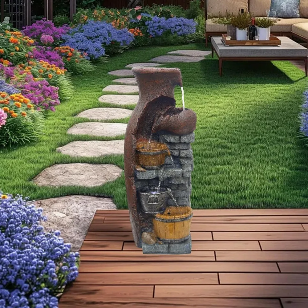 نافورة مياه برميلية كلاسيكية داخلية 6 طبقات شلال متتالي ميزة مياه 43.31 بوصة ارتفاع ديكور نافورة الحديقة في الهواء الطلق مع LED L