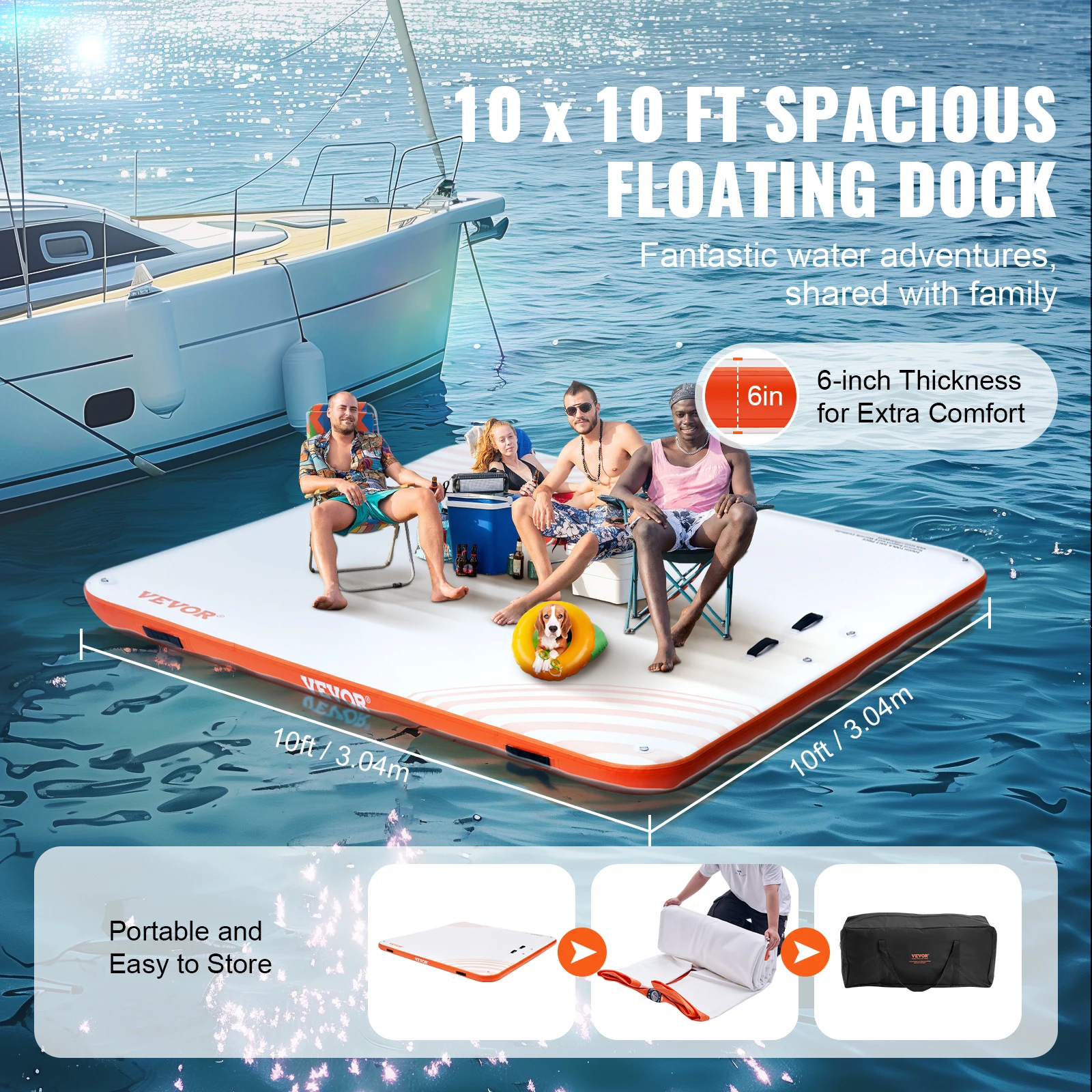 VEVOR Inflatable Floating Dock 10 x 10FT Inflatable Dock Platform Non-Slip Water Floating Dock Mat with Portable Carrying Bag