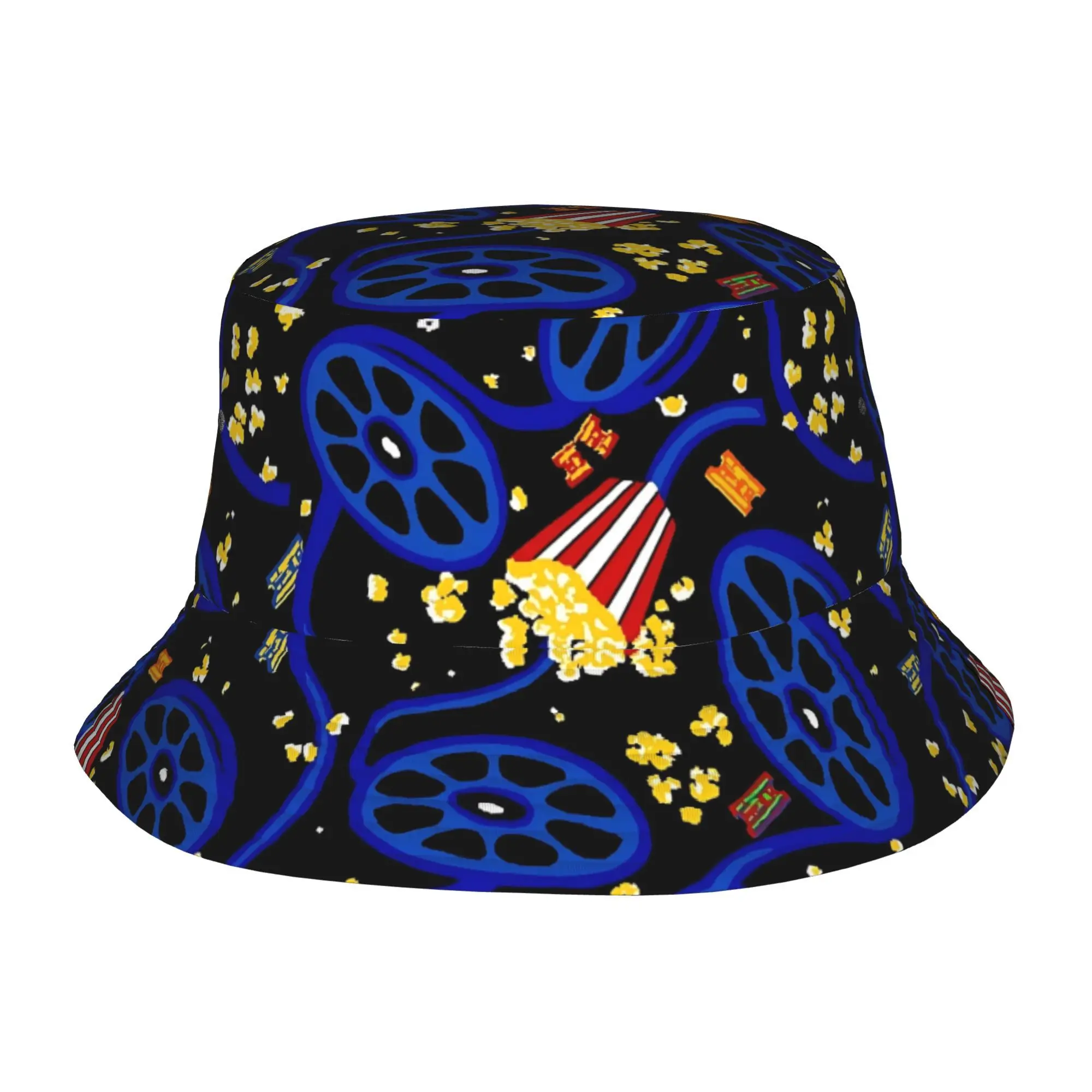 A Single Black-Themed Popcorn Bucket Designed for Movies Featuring a Fully Printed Fisherman Hat This Unisex Sun Hat Is Stylish